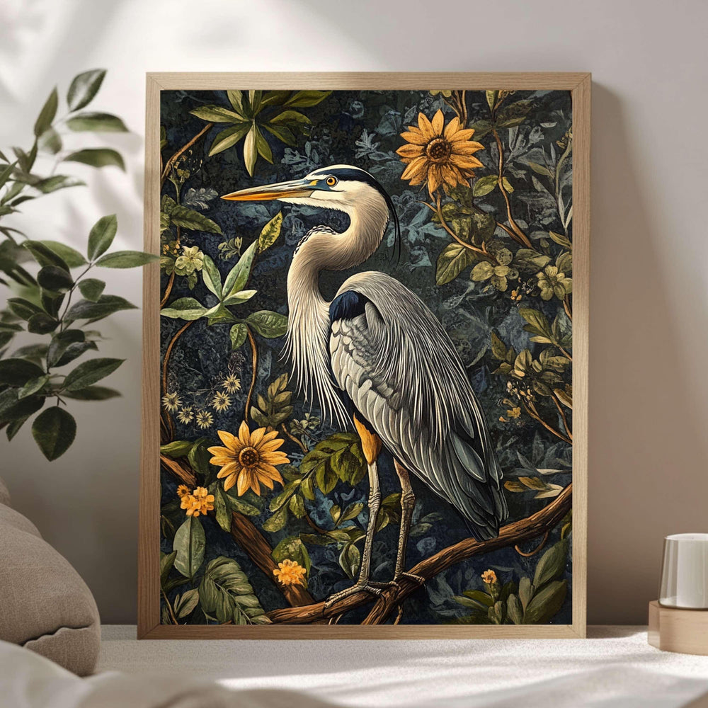 Great Blue Heron William Morris Style Framed Canvas Art, Heron Bird Wall Decor, Nature Inspired Home Gallery,Framed Heron Botanical Painting