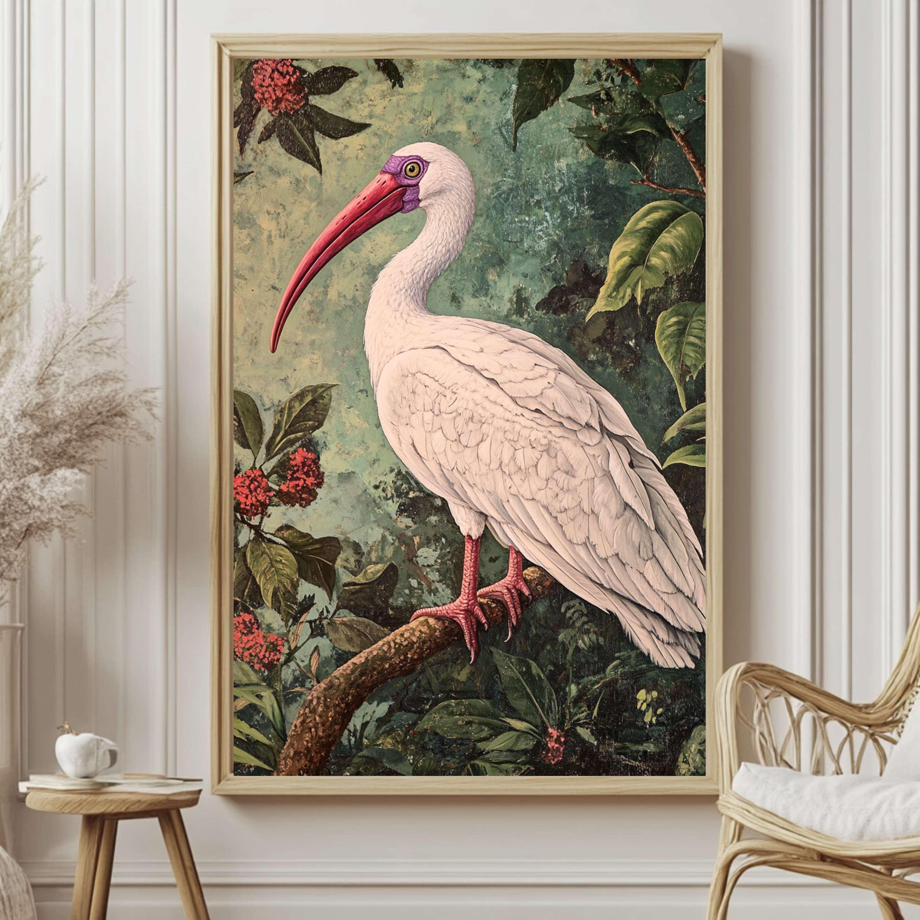White Ibis William Morris Style Art, Vintage Bird Print, Cottagecore Wall Decor, Woodland Ibis Boho Art, Nature Inspired Home Gallery