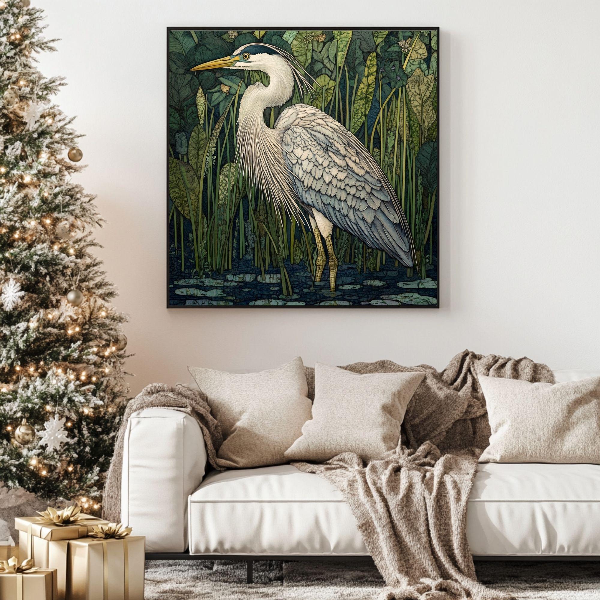 William Morris Heron Canvas Art, Vintage-Inspired Wall Décor, Arts and Crafts Movement Heron Design, Rustic Cottagecore Aesthetic Print