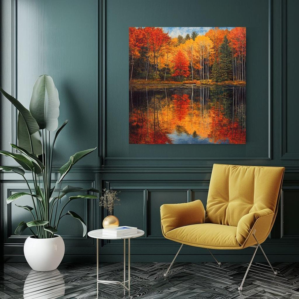 Autumn Forest Wall Canvas, Nature-Inspired Wall Decor, Fall Woodland Art, Grandma Gift, Nature Wall Print, Autumn Lake Framed Canvas