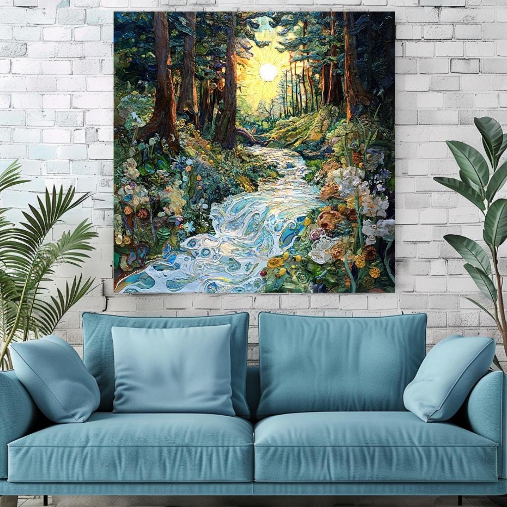 Woodland Wall Art, Mystical Wall Art, Forest River Print, Vintage Framed Canvas, Mystical Home Decor, Nature Wall Decor