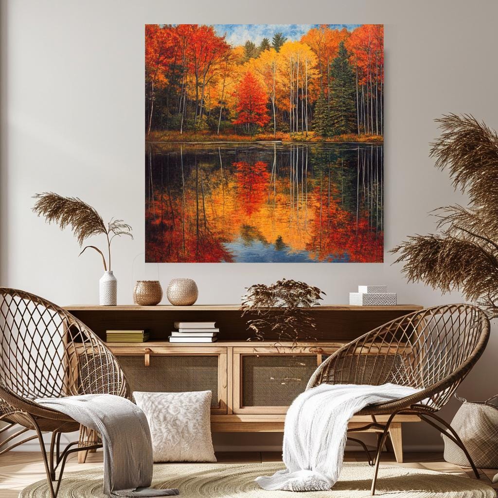 Autumn Forest Wall Canvas, Nature-Inspired Wall Decor, Fall Woodland Art, Grandma Gift, Nature Wall Print, Autumn Lake Framed Canvas