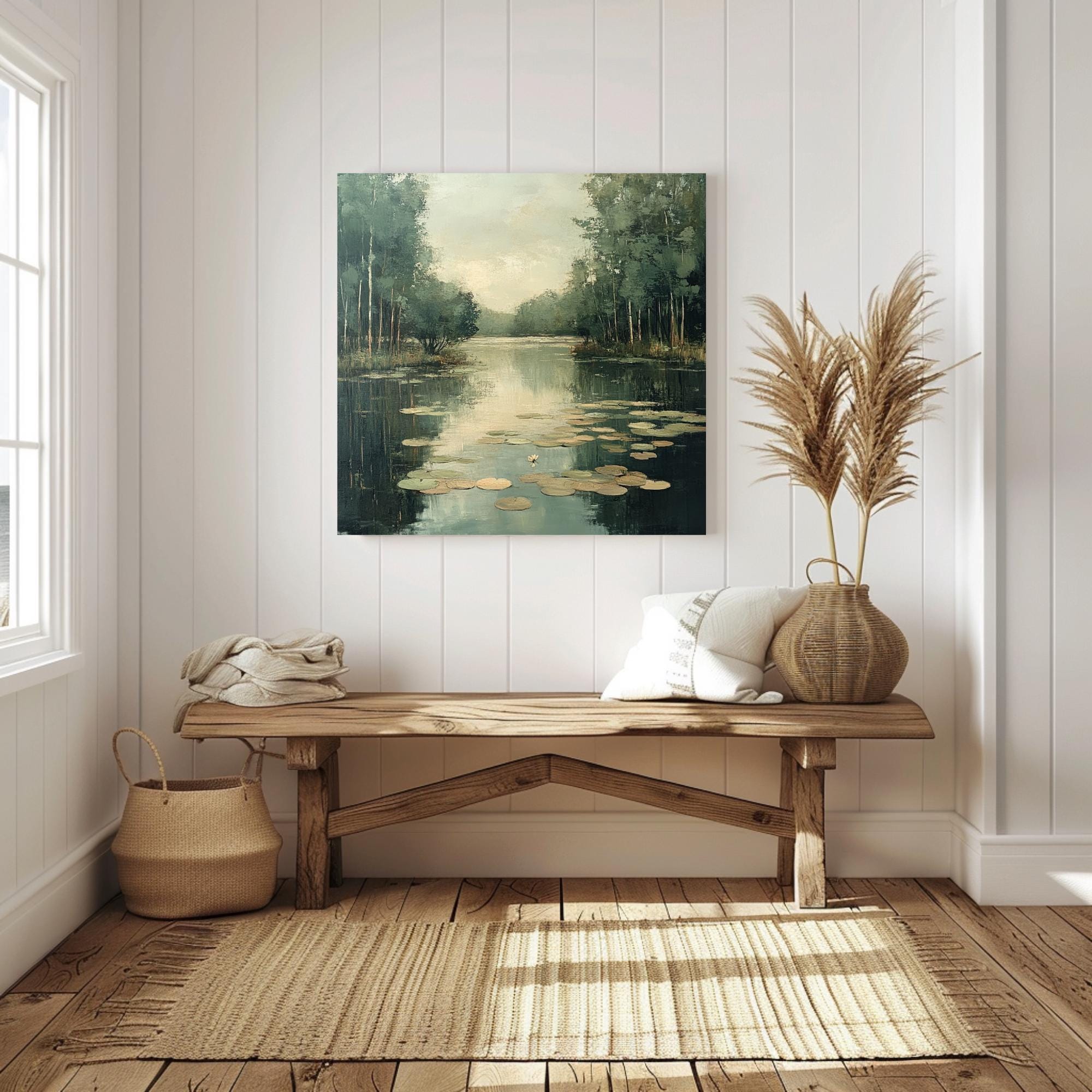 Peaceful Pond Canvas Wall Art, Water Lilies Art Print, Rustic Botanical Wall Decor, Nature-Inspired Framed Wall Canvas, Vintage Woodland Art