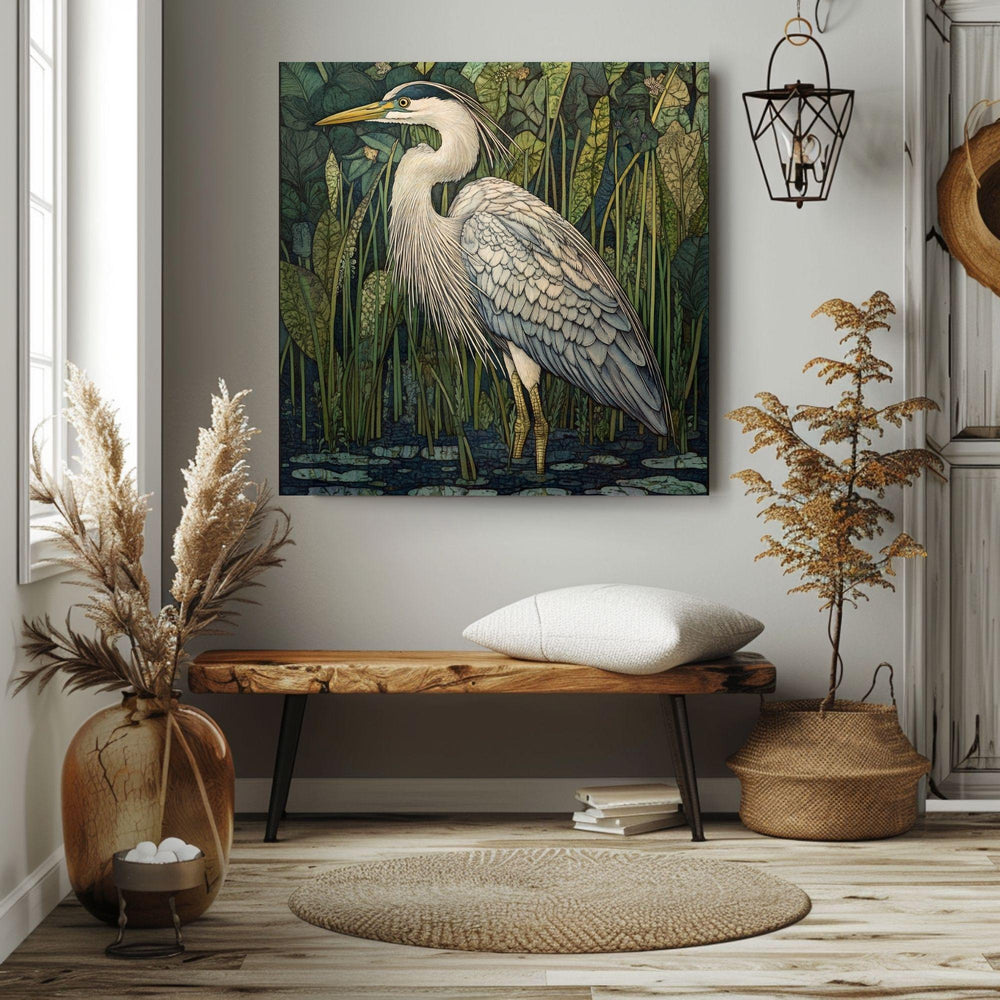 William Morris Heron Canvas Art, Vintage-Inspired Wall Décor, Arts and Crafts Movement Heron Design, Rustic Cottagecore Aesthetic Print