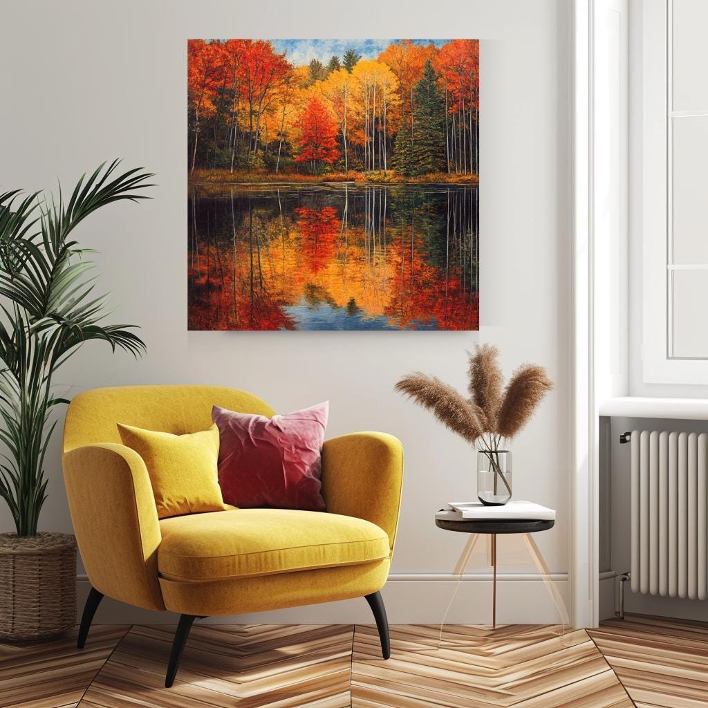 Autumn Forest Wall Canvas, Nature-Inspired Wall Decor, Fall Woodland Art, Grandma Gift, Nature Wall Print, Autumn Lake Framed Canvas