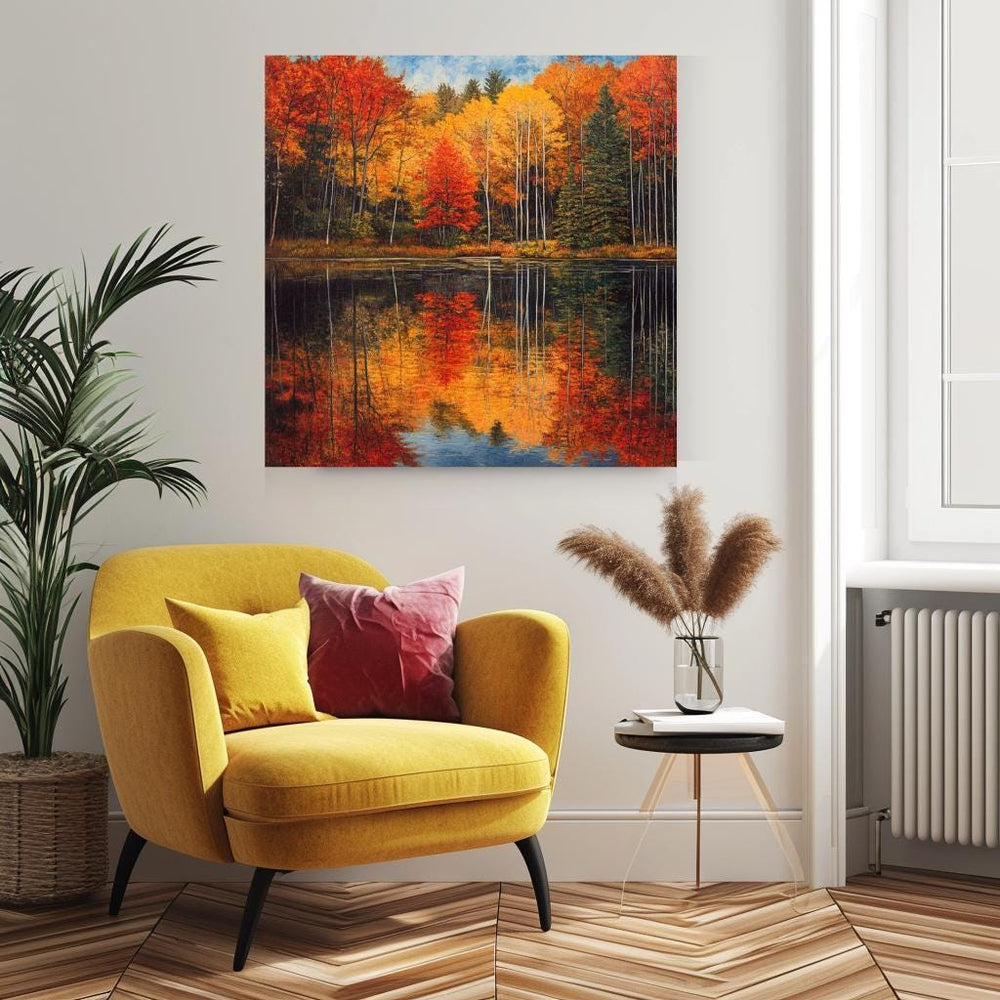 Autumn Forest Wall Canvas, Nature-Inspired Wall Decor, Fall Woodland Art, Grandma Gift, Nature Wall Print, Autumn Lake Framed Canvas