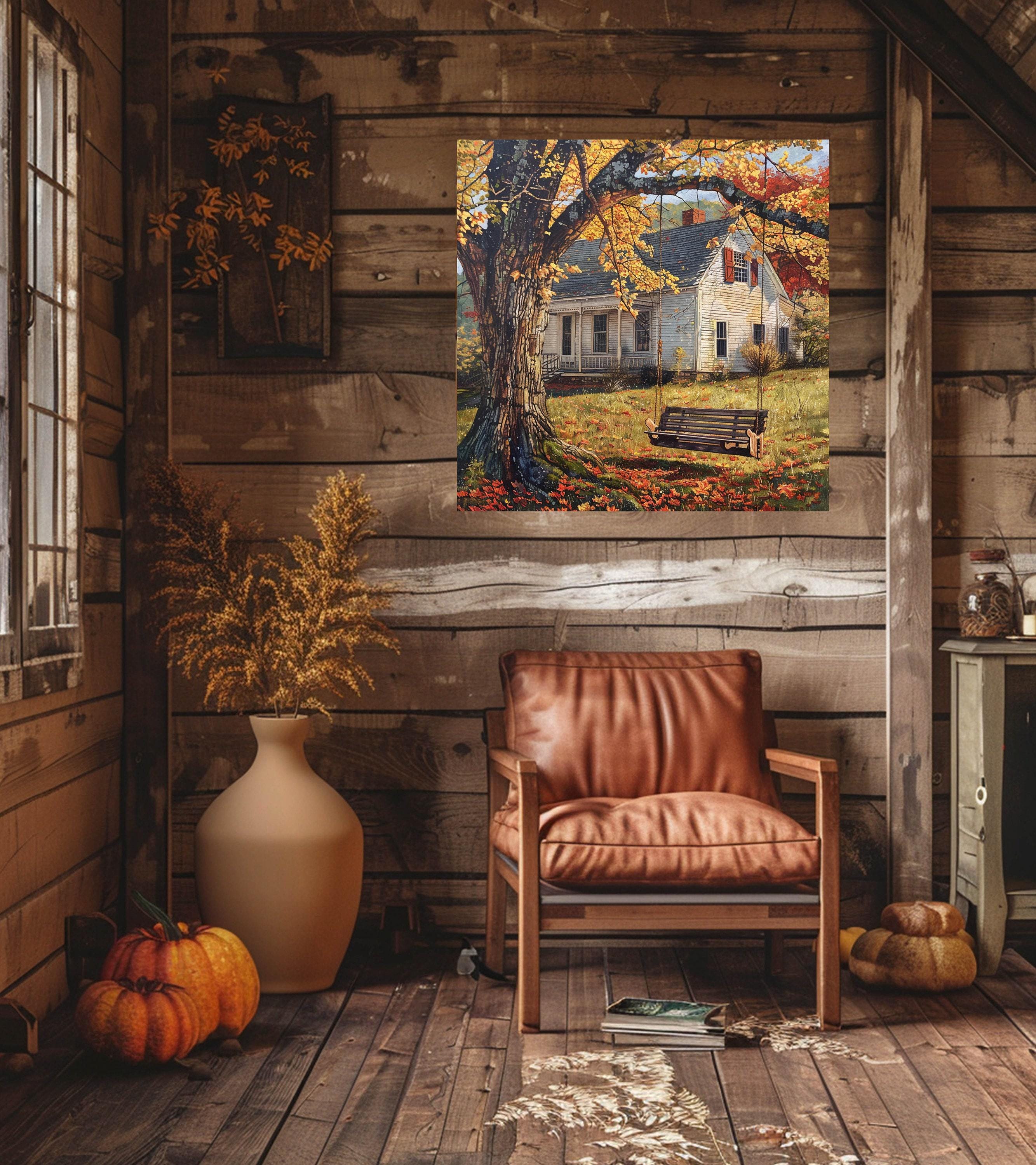 Farmhouse Portrait Autumn Canvas Wall Art, Country Cottage Fall Home Artwork, Farm with Swing Print