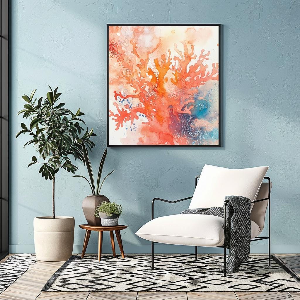 Abstract Orange Coral Reef Wall Art Canvas, Black Framed Wall Art, Large Wall Art, Coastal Wall Art, Beachy Wall Art, Coral Canvas