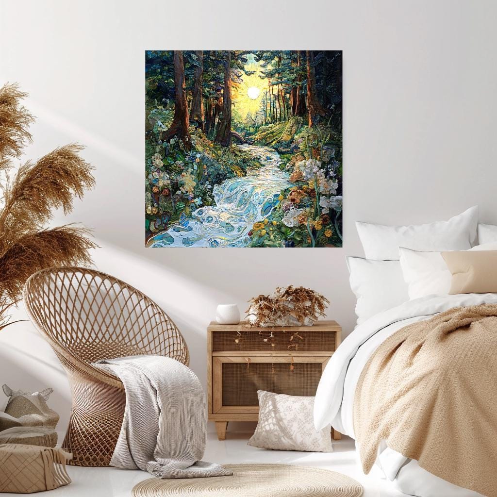 Woodland Wall Art, Mystical Wall Art, Forest River Print, Vintage Framed Canvas, Mystical Home Decor, Nature Wall Decor