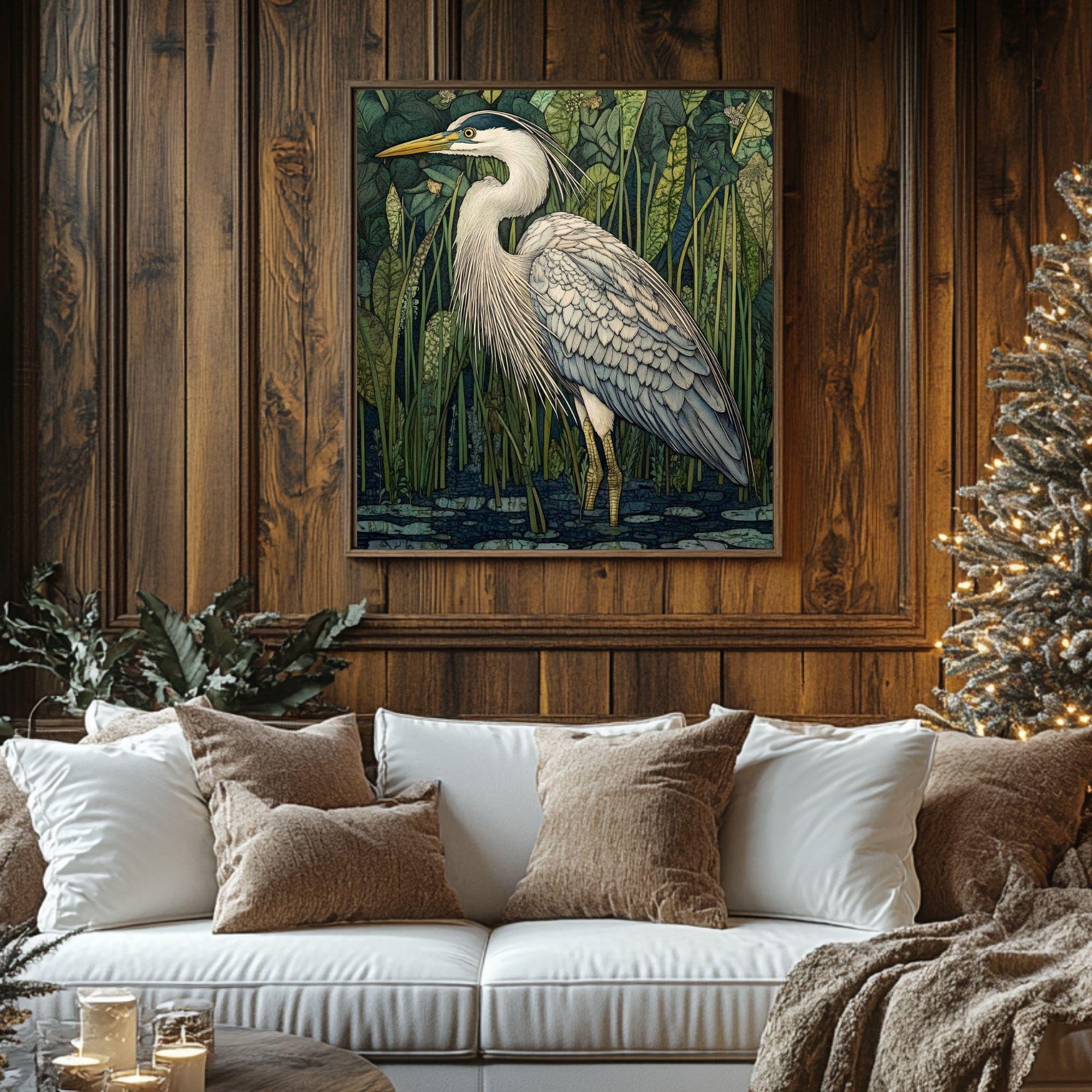 William Morris Heron Canvas Art, Vintage-Inspired Wall Décor, Arts and Crafts Movement Heron Design, Rustic Cottagecore Aesthetic Print