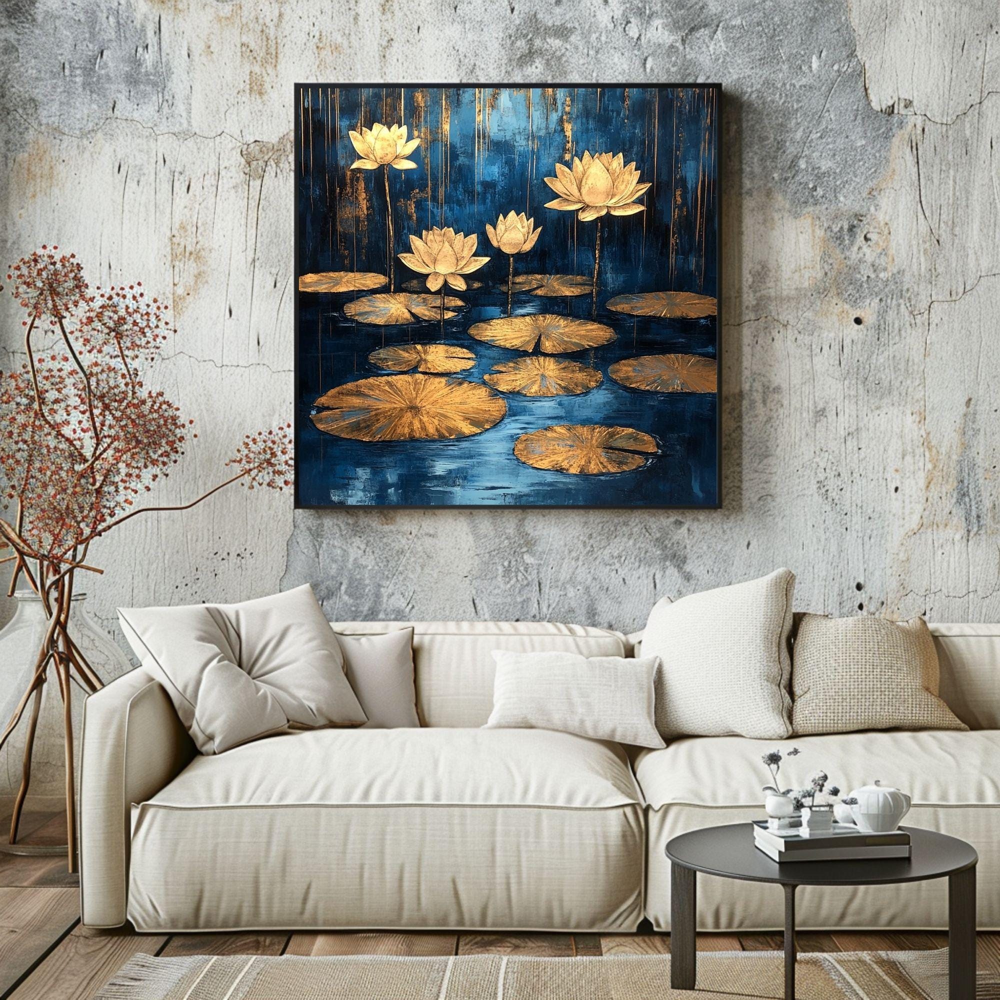 Gold Lotus Petals Canvas Wall Art, Elegant Zen Decor, Yoga Studio Poster, Framed Canvas Meditation Artwork, Minimalist Boho Floral Print