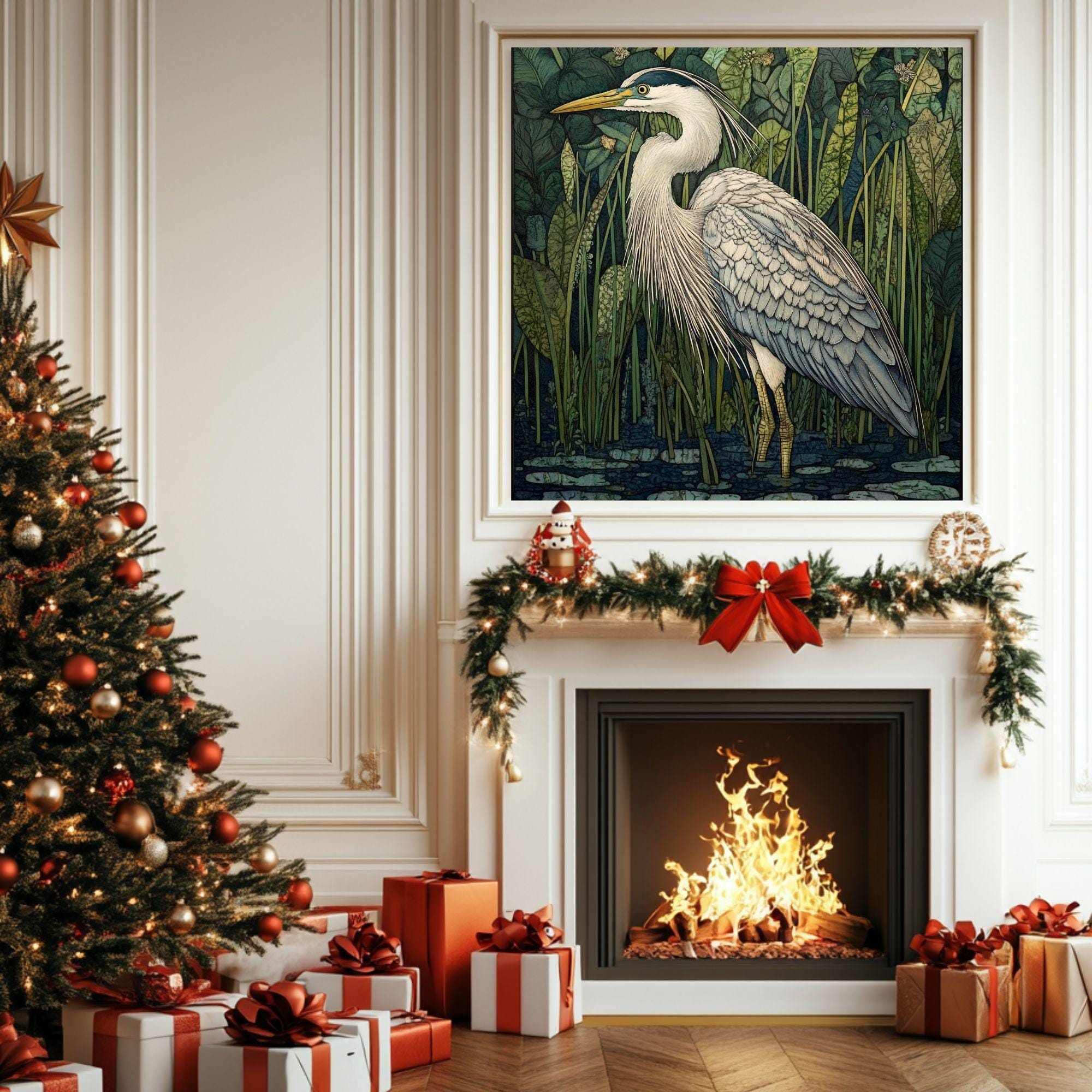 William Morris Heron Canvas Art, Vintage-Inspired Wall Décor, Arts and Crafts Movement Heron Design, Rustic Cottagecore Aesthetic Print
