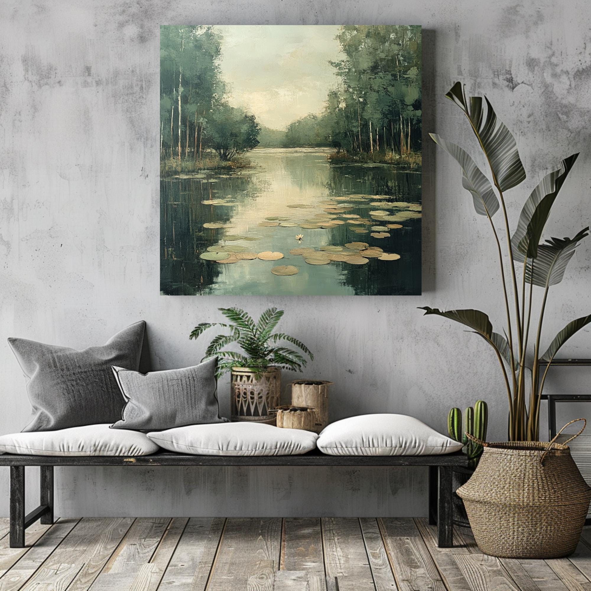 Peaceful Pond Canvas Wall Art, Water Lilies Art Print, Rustic Botanical Wall Decor, Nature-Inspired Framed Wall Canvas, Vintage Woodland Art