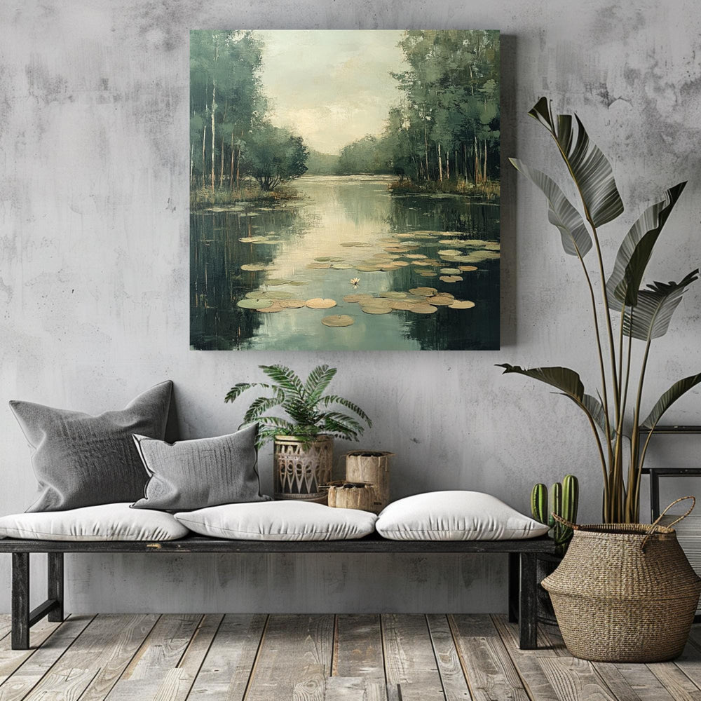 Peaceful Pond Canvas Wall Art, Water Lilies Art Print, Rustic Botanical Wall Decor, Nature-Inspired Framed Wall Canvas, Vintage Woodland Art