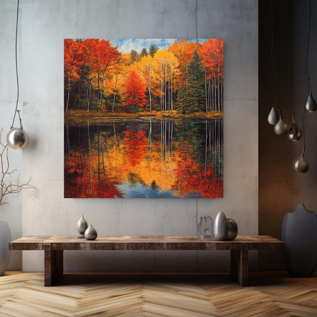 Autumn Forest Wall Canvas, Nature-Inspired Wall Decor, Fall Woodland Art, Grandma Gift, Nature Wall Print, Autumn Lake Framed Canvas