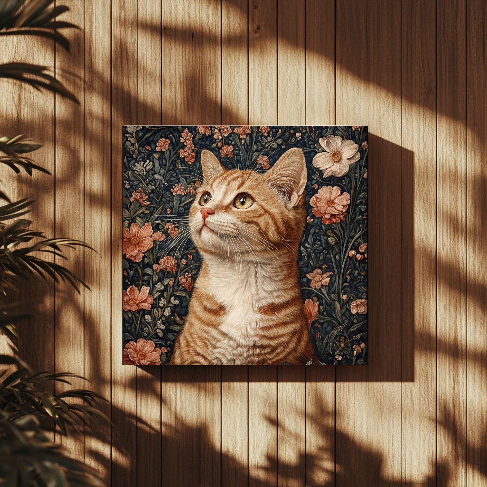 William Morris Cat Canvas, Animal Wall Art, Morris Inspired Framed Decor, Cat Poster Print, Floral Cat Framed Wall Canvas, Vintage Decor