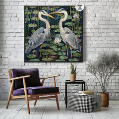 Herons Canvas Wall Art, William Morris Style Canvas Art, Vintage Home Decor, Ready to Hang Framed Artwork, Bird Animal Wall Room Decor