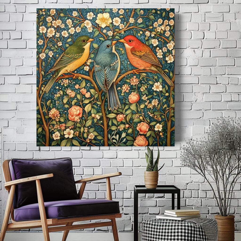 Birds Vintage Wall Art, William Morris Inspired Art, Vintage Home Decor, Vintage Wall Art, Living Room Wall Room, Nature Bird Wall Art