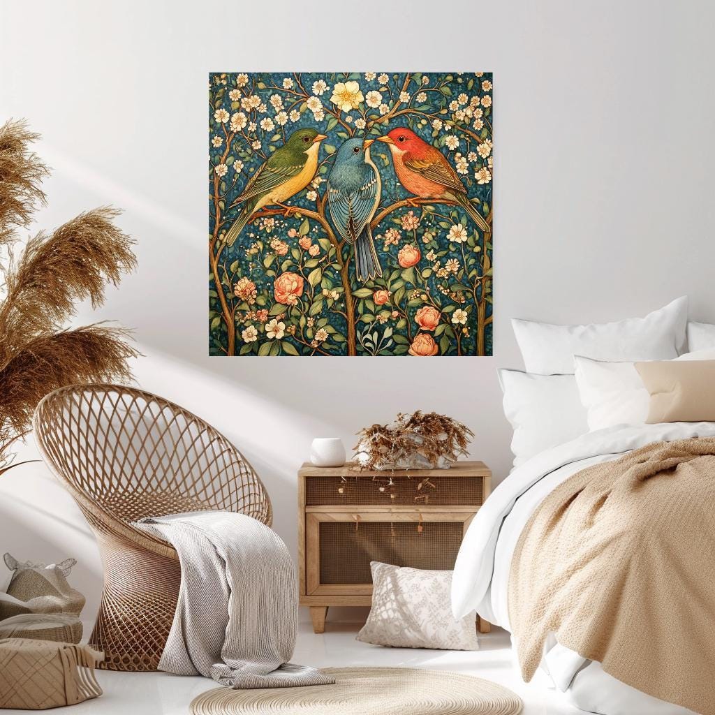 Birds Vintage Wall Art, William Morris Inspired Art, Vintage Home Decor, Vintage Wall Art, Living Room Wall Room, Nature Bird Wall Art