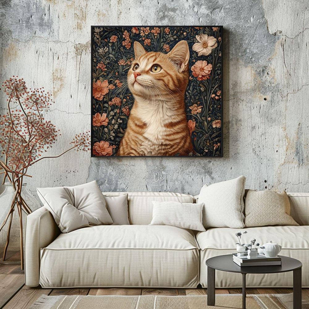 William Morris Cat Canvas, Animal Wall Art, Morris Inspired Framed Decor, Cat Poster Print, Floral Cat Framed Wall Canvas, Vintage Decor