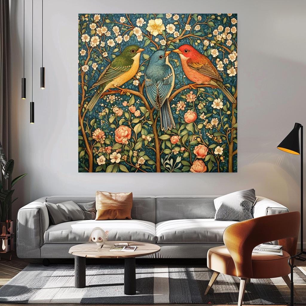 Birds Vintage Wall Art, William Morris Inspired Art, Vintage Home Decor, Vintage Wall Art, Living Room Wall Room, Nature Bird Wall Art