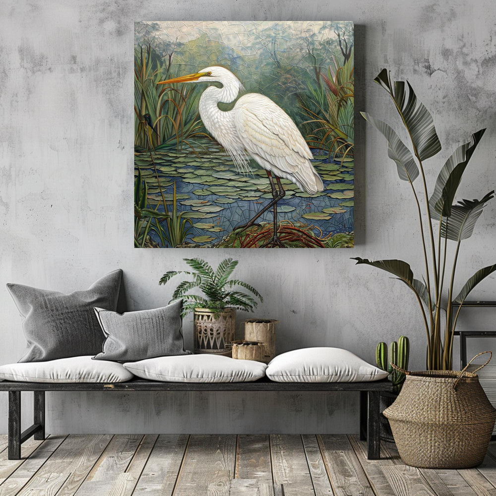 Marsh Egret Wall Art, William Morris Inspired Framed Canvas, Botanical Bird Decor, Vintage Nature Art, Coastal Bird Framed Art, Egret Poster