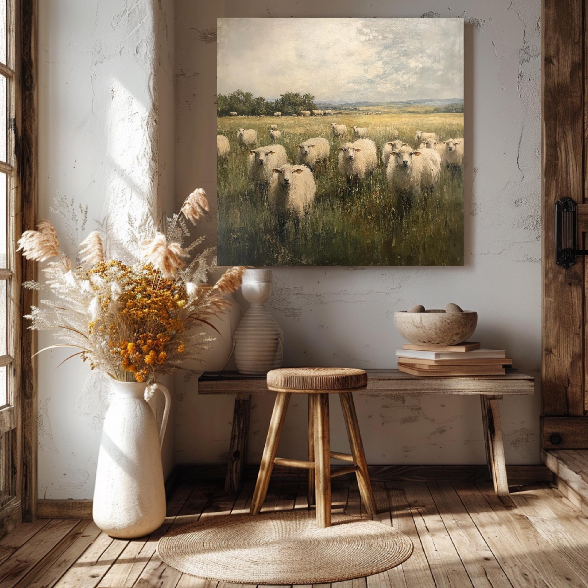 Rustic Sheep Canvas Art, Vintage Farmhouse Wall Decor, Nature Inspired Print, Best For Country Homes, Ideal Gift For Nature Lovers
