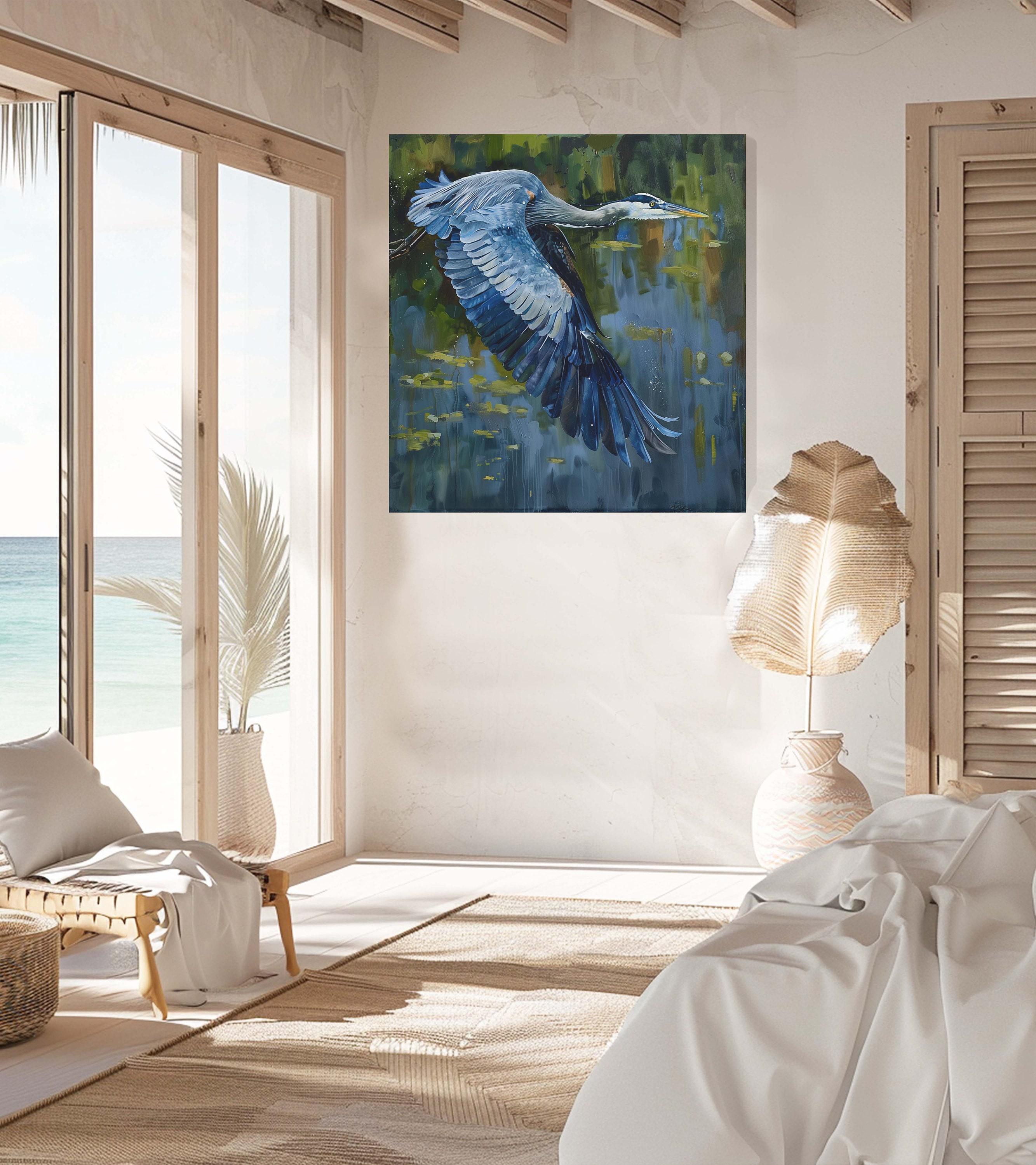 Great Blue Heron Painting Blue Heron Art William Morris Style Vintage Coastal Home Decor Blue Heron Wall Art Large Bird Picture Wild Birds