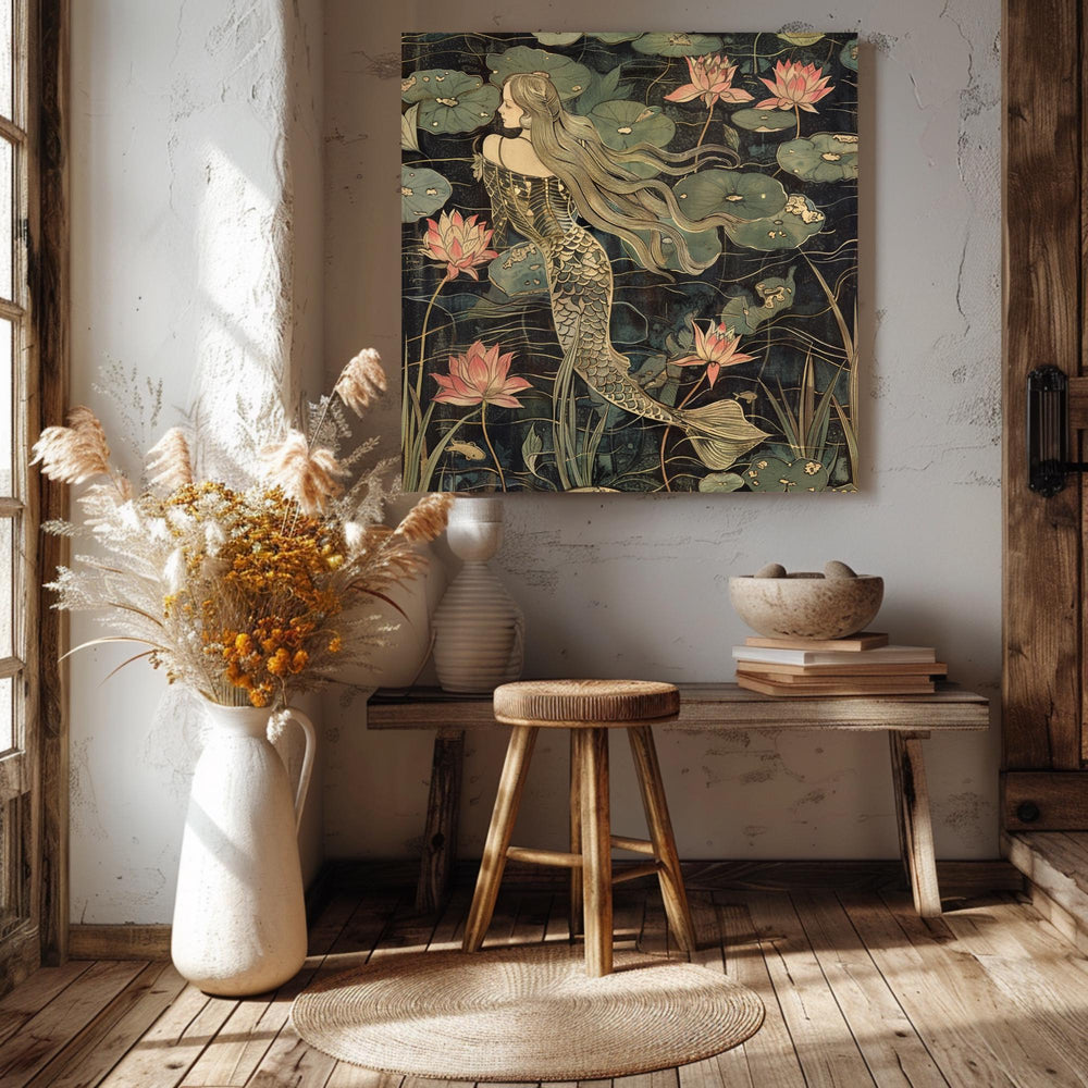 Botanical Mermaid Wall Art, William Morris Inspired Canvas Print, Floral Wall Decor, Botanical Canvas Wall Art, Elegant Home Accent