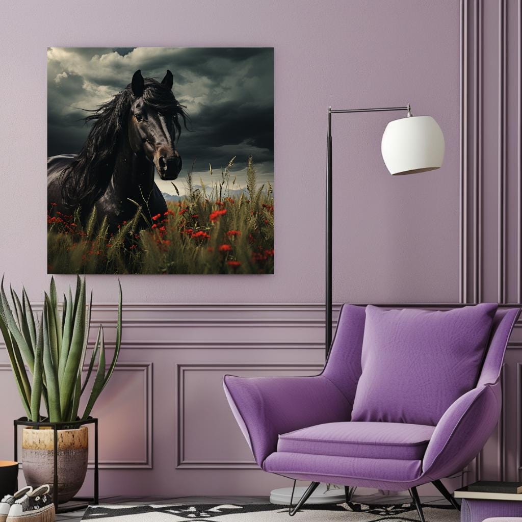 Black Stallion Wall Art, Black Horse Canvas, Horse Framed Wall Art, Ready to Hang Gift for Horse Lover, Nature-Inspired Framed Canvas