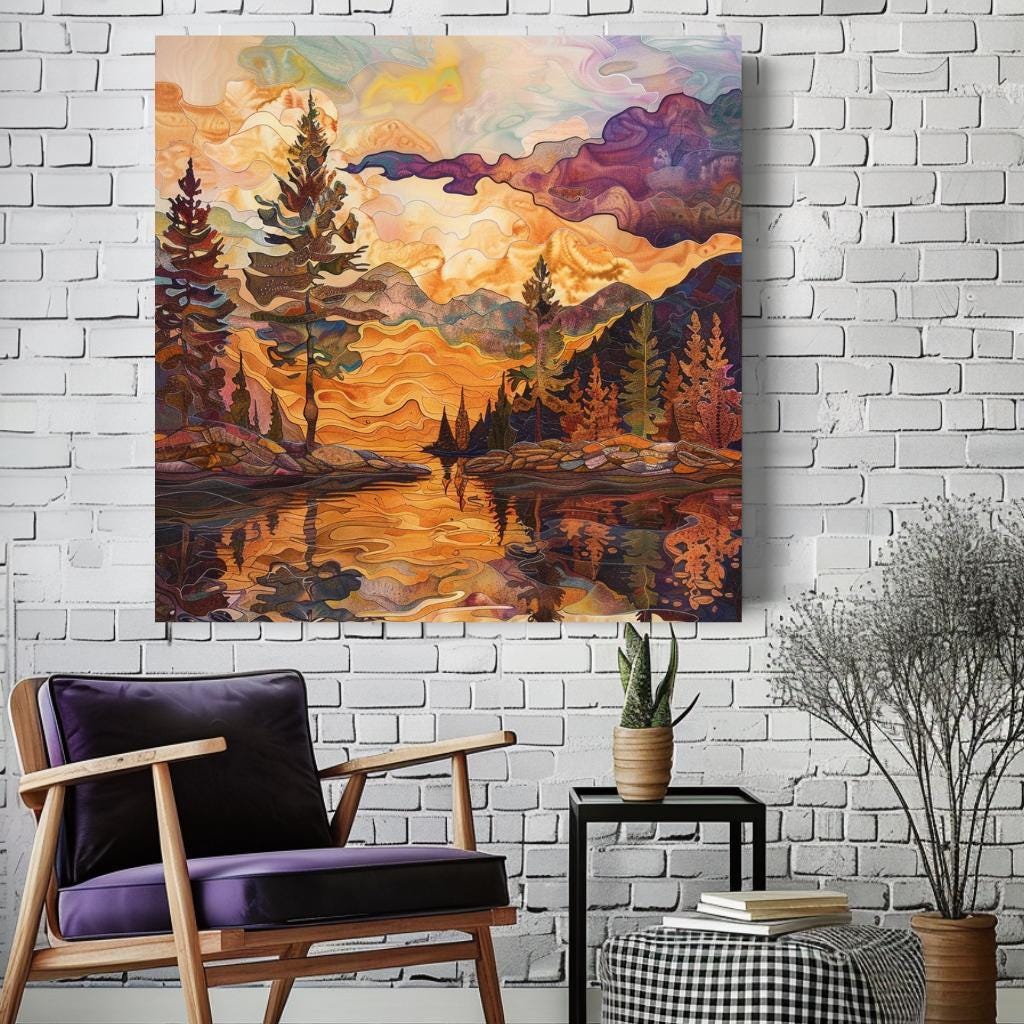 Lake House Stained Glass Canvas, Autumn Wall Art, Mountain Wall Canvas, Fall Home Decor, Nature-Inspired Framed Canvas, Woodland Poster