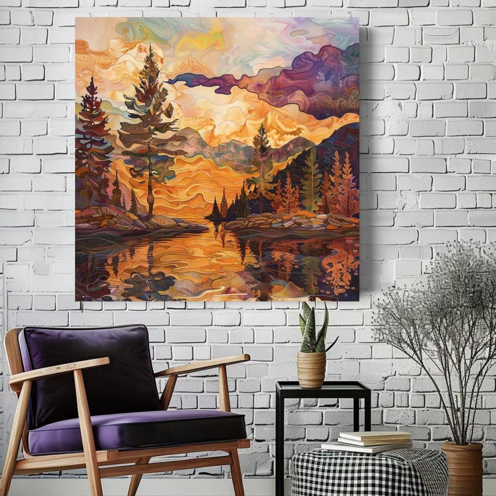 Lake House Stained Glass Canvas, Autumn Wall Art, Mountain Wall Canvas, Fall Home Decor, Nature-Inspired Framed Canvas, Woodland Poster