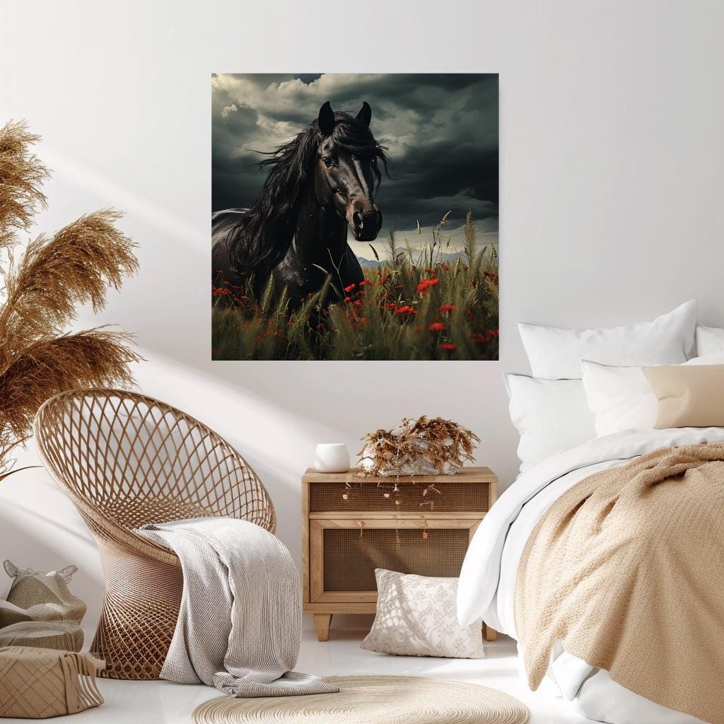 Black Stallion Wall Art, Black Horse Canvas, Horse Framed Wall Art, Ready to Hang Gift for Horse Lover, Nature-Inspired Framed Canvas