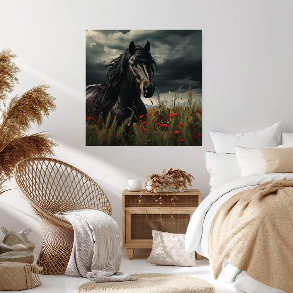 Black Stallion Wall Art, Black Horse Canvas, Horse Framed Wall Art, Ready to Hang Gift for Horse Lover, Nature-Inspired Framed Canvas