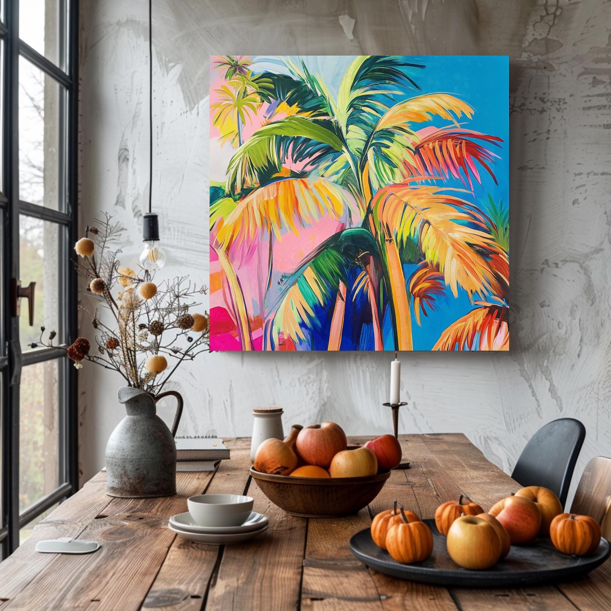Bold Tropical Palm Canvas, Vibrant Colorful Jungle Wall Art, Modern Palm Tree Painting, Exotic Beach Decor, Boho Coastal Home Accent