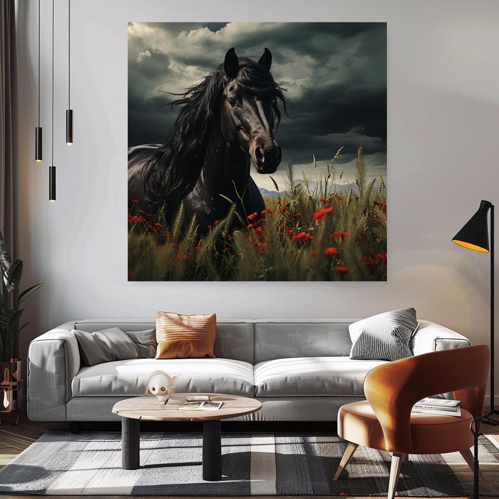 Black Stallion Wall Art, Black Horse Canvas, Horse Framed Wall Art, Ready to Hang Gift for Horse Lover, Nature-Inspired Framed Canvas