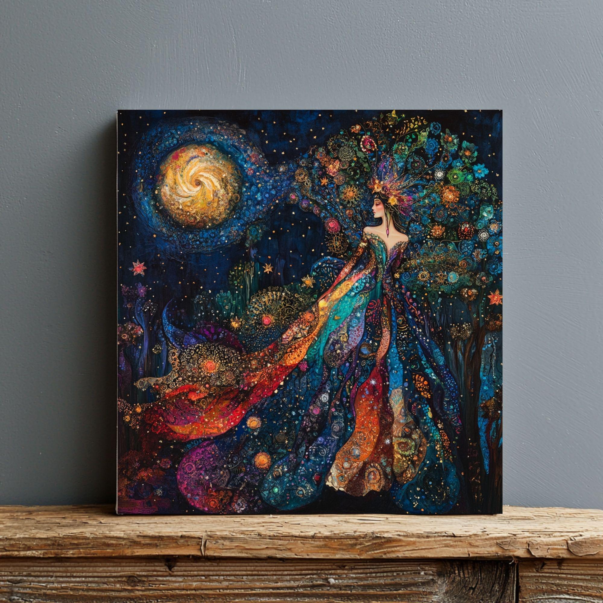 Goddess of the Stars Canvas Wall Art, Celestial Goddess Decor, Mystical Wall Hanging, Starry Night Home Accent, Boho Astral Aesthetic Art
