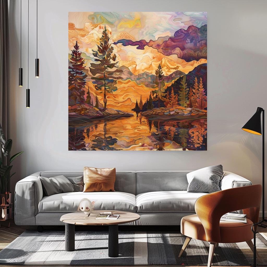 Lake House Stained Glass Canvas, Autumn Wall Art, Mountain Wall Canvas, Fall Home Decor, Nature-Inspired Framed Canvas, Woodland Poster