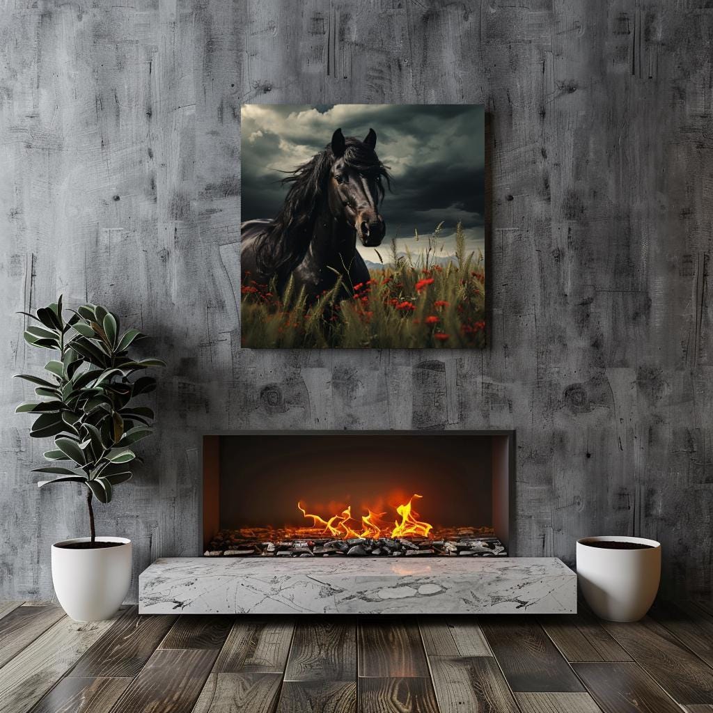 Black Stallion Wall Art, Black Horse Canvas, Horse Framed Wall Art, Ready to Hang Gift for Horse Lover, Nature-Inspired Framed Canvas