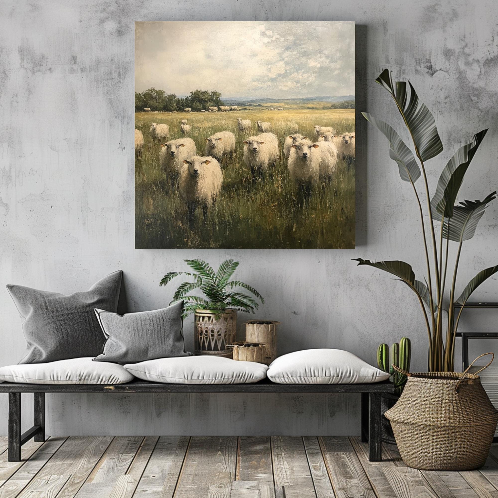 Rustic Sheep Canvas Art, Vintage Farmhouse Wall Decor, Nature Inspired Print, Best For Country Homes, Ideal Gift For Nature Lovers
