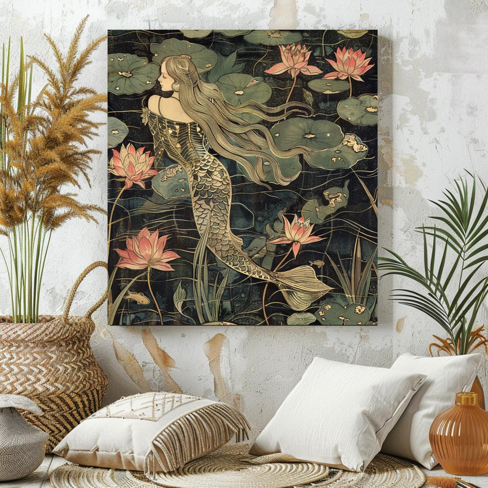 Botanical Mermaid Wall Art, William Morris Inspired Canvas Print, Floral Wall Decor, Botanical Canvas Wall Art, Elegant Home Accent