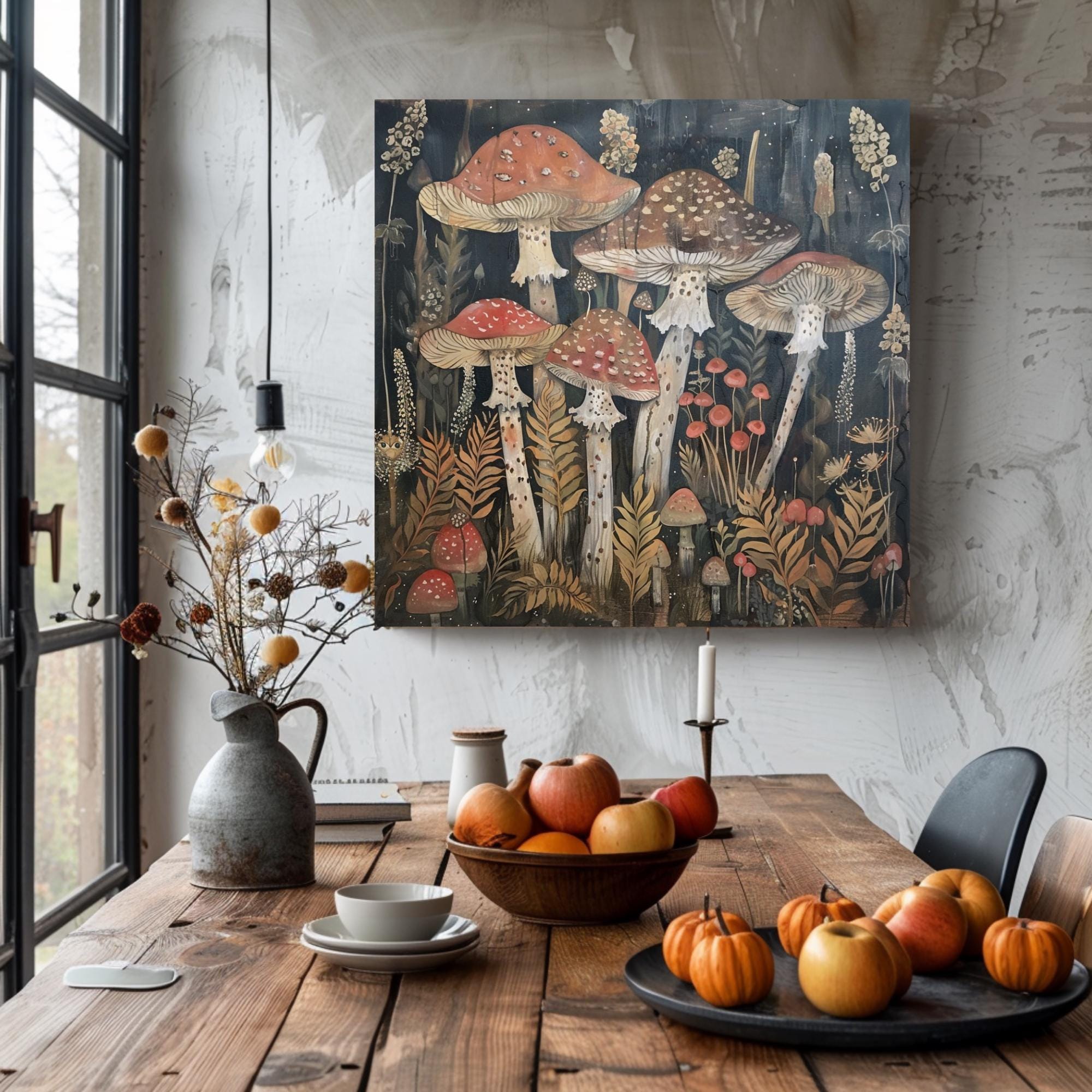 Botanical Mushroom Wall Art, William Morris Inspired Canvas Print, Forest Wall Decor, Fungi Art Print, Nature Inspired Wall Accent