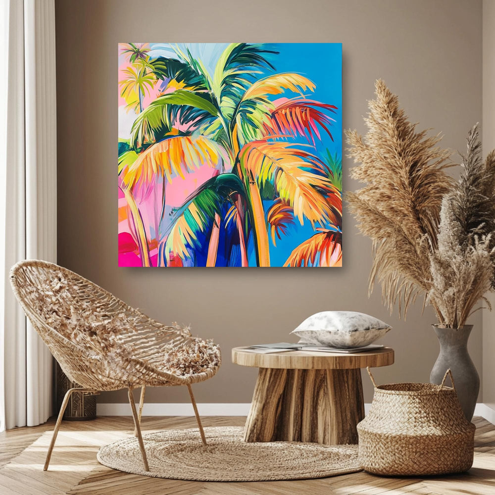 Bold Tropical Palm Canvas, Vibrant Colorful Jungle Wall Art, Modern Palm Tree Painting, Exotic Beach Decor, Boho Coastal Home Accent