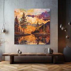 Lake House Stained Glass Canvas, Autumn Wall Art, Mountain Wall Canvas, Fall Home Decor, Nature-Inspired Framed Canvas, Woodland Poster