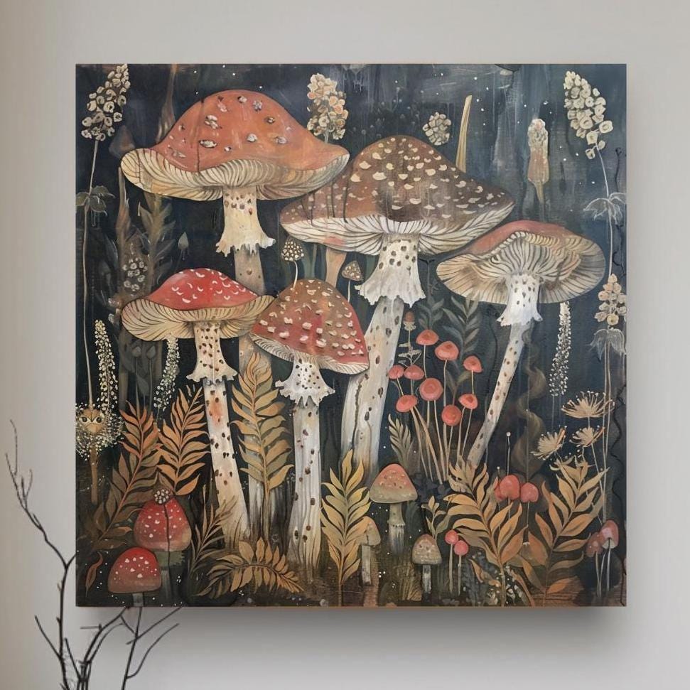Botanical Mushroom Wall Art, William Morris Inspired Canvas Print, Forest Wall Decor, Fungi Art Print, Nature Inspired Wall Accent