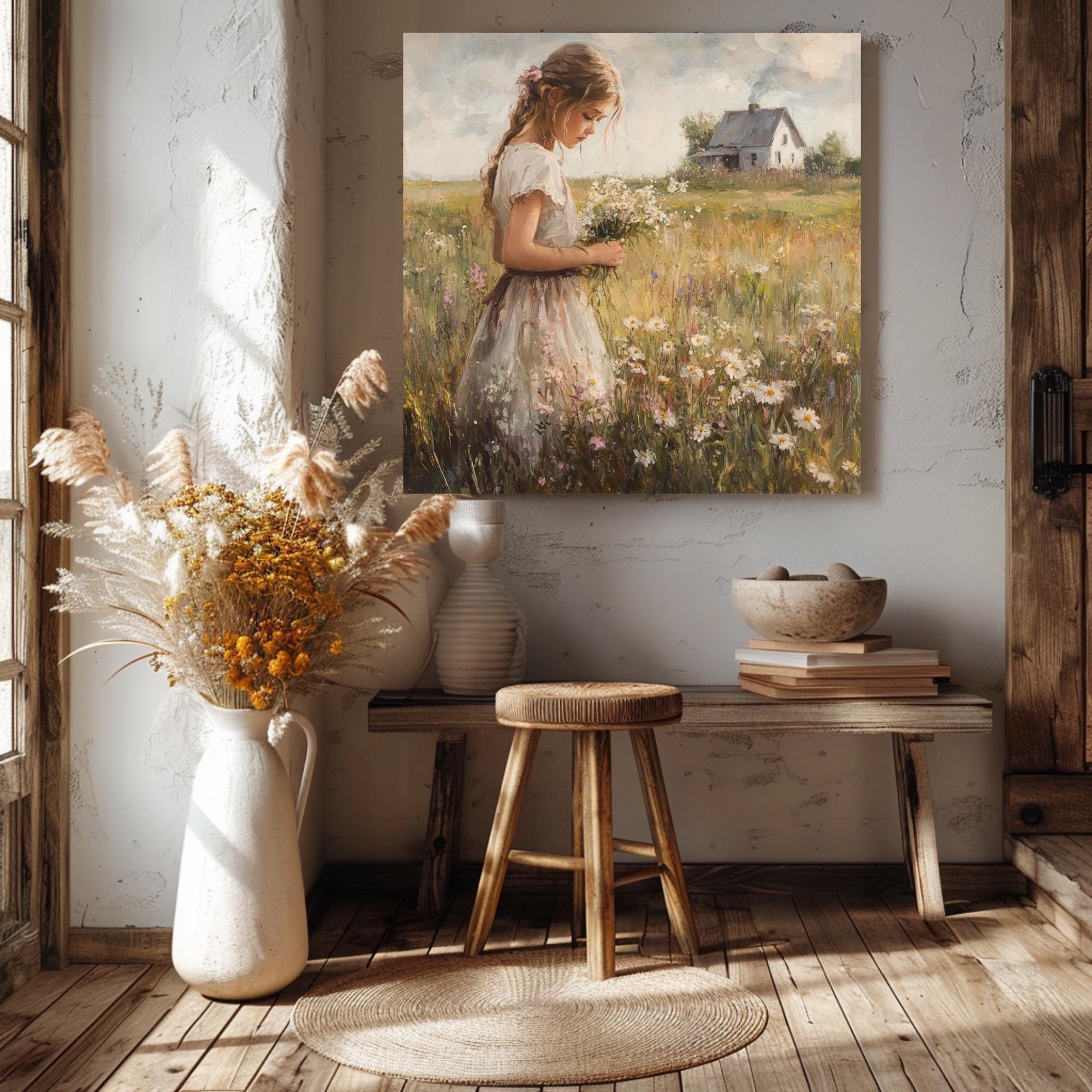 Country Girl Canvas Wall Art, Flower Field Canvas Print, Vintage Farmhouse Art for Home, Rustic Cottagecore Home Decor