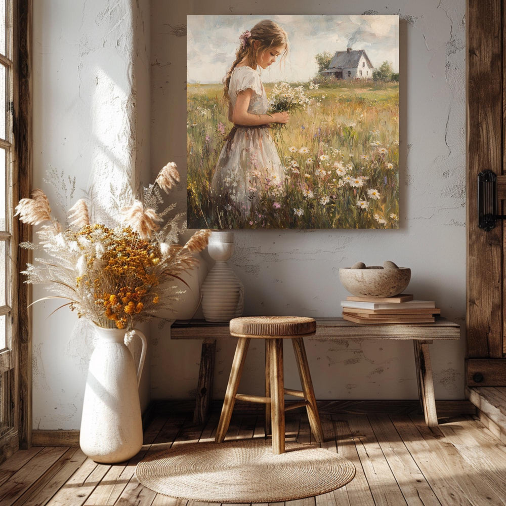Country Girl Canvas Wall Art, Flower Field Canvas Print, Vintage Farmhouse Art for Home, Rustic Cottagecore Home Decor