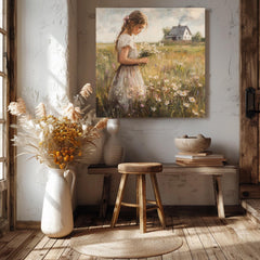 Country Girl Canvas Wall Art, Flower Field Canvas Print, Vintage Farmhouse Art for Home, Rustic Cottagecore Home Decor