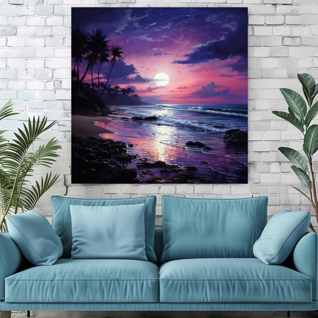 Indigo Sea Canvas Wall Art, Coastal Ocean Print, Purple Sky Seascape Poster, Large Beach Canvas, Framed Wall Art Home Decor, Ready To Hang