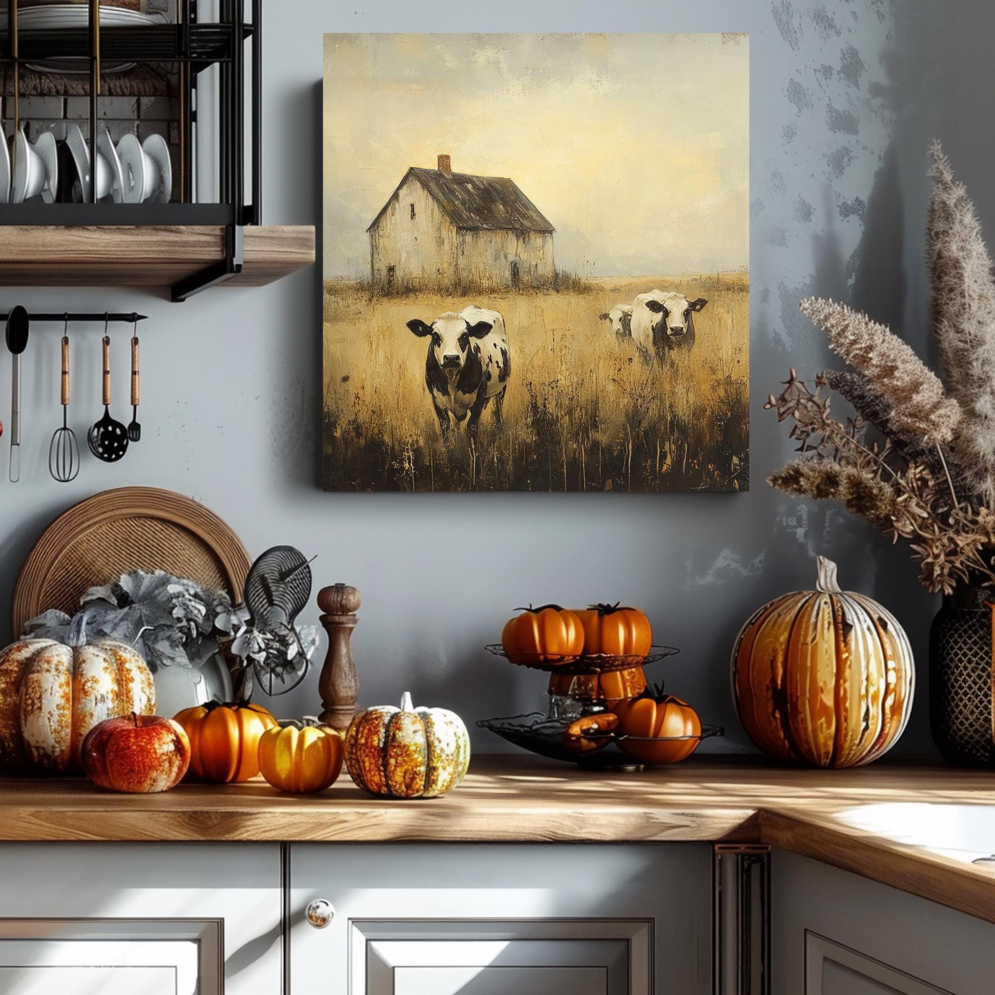 Rustic Farmhouse Canvas Wall Art, Vintage Country Scene, Cows And Barn Decor, Nature Inspired Home Accent, Farmhouse Style Wall Hanging